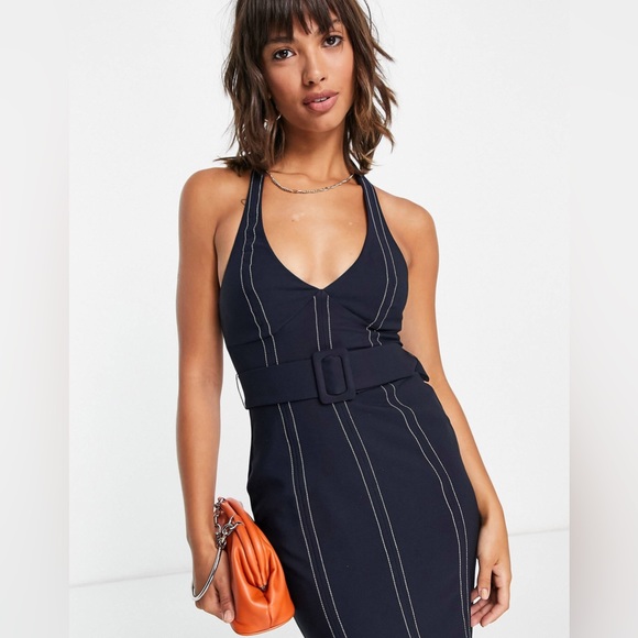 ASOS DESIGN halter neck midi dress with contrast stitching and belt in navy - Picture 2 of 3